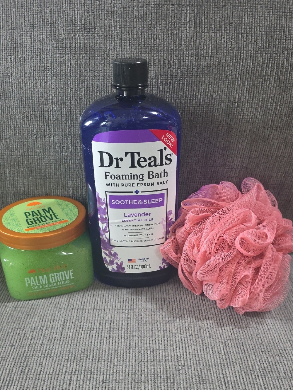 Dr. Teal's Foaming Bath And Tree Hut Shea Sugar Scrub Bath Bundle With Loofah.